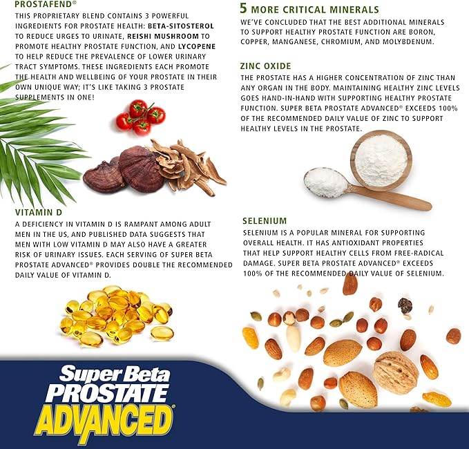 SUPER BETA PROSTATE Advanced – Reduce Bathroom Trips, Promote Sleep, Support Bladder Emptying. Prostate Supplement for Men with Beta Sitosterol, not Saw Palmetto (180 Caplets, 3-Pack)