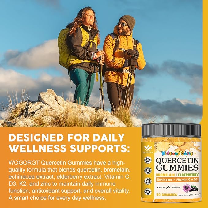 Quercetin Gummies with Bromelain for Adults & Kids - Immune & Seasonal Wellness Support, 800mg Quercetin with Bromelain, Zinc, Elderberry, Vitamin C & D3 - Sugar Free, Vegan, Pineapple Flavor, 60 Ct