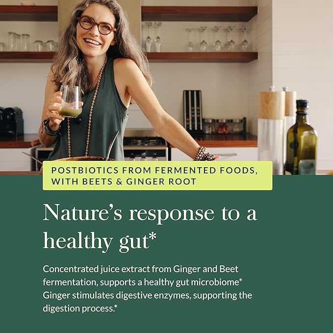 Gaia Herbs Ginger-Beet Postbiotic - Supplement for Gut & Heart Health Support* - Made with Fermented Beets & Ginger - Free from Dairy, Soy & Gluten - 60 Vegan Liquid Phyto-Caps (30 Servings)