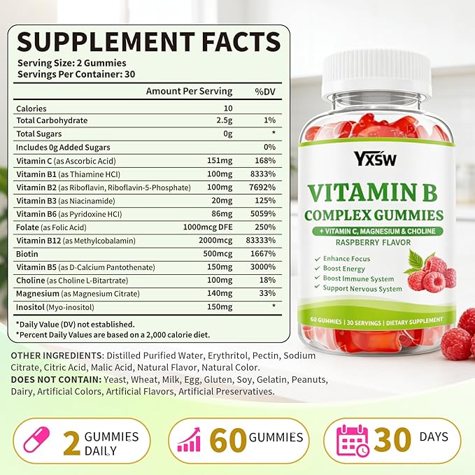Vitamin B Complex Gummies for Women & Men - Vitamin B12, B1, B2, B3, B5 & B6 -B Complex Vitamin Supplements with Vitamin C,Magnesium & Choline, Raspberry Flavor, 60 Count