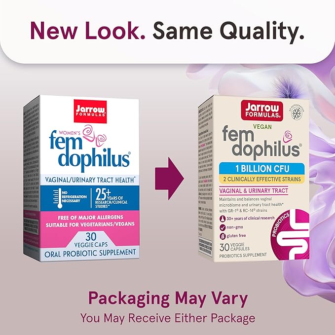 Jarrow Formulas Fem-Dophilus Vaginal Probiotics 1 Billion CFU with 2 Science-Backed Strains, Dietary Supplement for Vaginal & Urinary Tract Support, 30 Capsules, Up to a 30 Day Supply, Shelf-Stable
