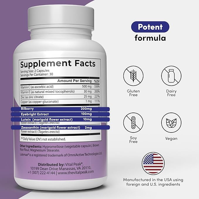 Vital Peak® Provision - Eye Vitamins - Eye Health Supplements - with Bilberry, Eyebright, Lutein, Zeaxanthin & More Vitamins - Vegan, Non GMO, Dairy Free, Soy Free, Gluten Free - 60 Capsules