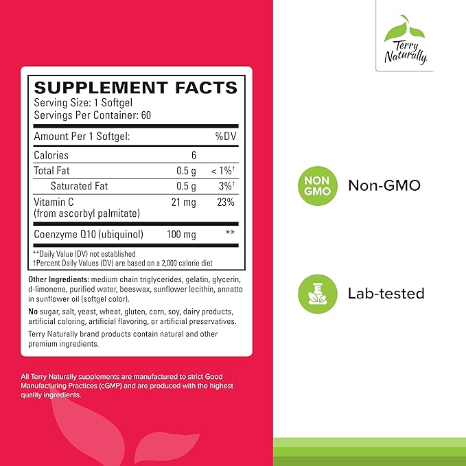 Terry Naturally CoQ10 BioActive Ubiquinol - Cellular Energy Support Supplement - BioActive CoQ10 Supplement - Nutritional Supplement to Aid Healthy Aging & Brain Health - 60 Softgels