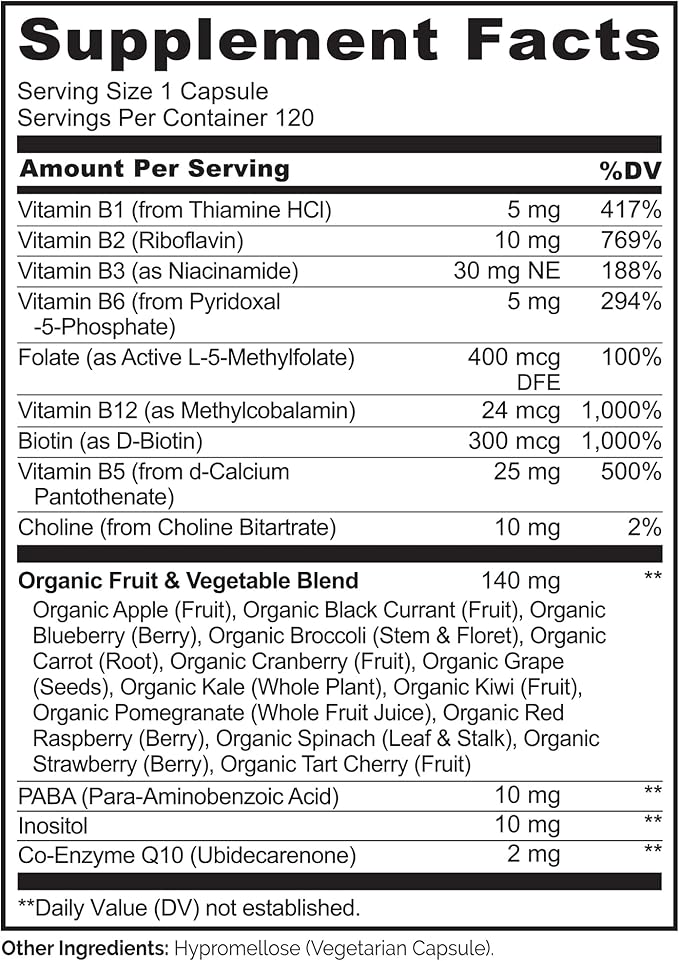NATURELO Vitamin B Complex,120 Capsules, Vegan, CoQ10, Methyl Folate, Biotin, Fruit & Veg Blend, Supports Energy and Healthy Stress Response, Super B Complex Vitamins for Women and Men