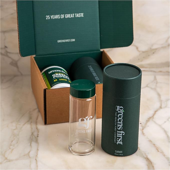 Greens First Gift Set - Limited Edition Glass Carafe & Organic Greens Powder - 49 Superfoods - Prebiotics, Probiotics & Digestive Enzymes - Dairy Free, Vegan & Non-GMO - Mint - 30 Servings