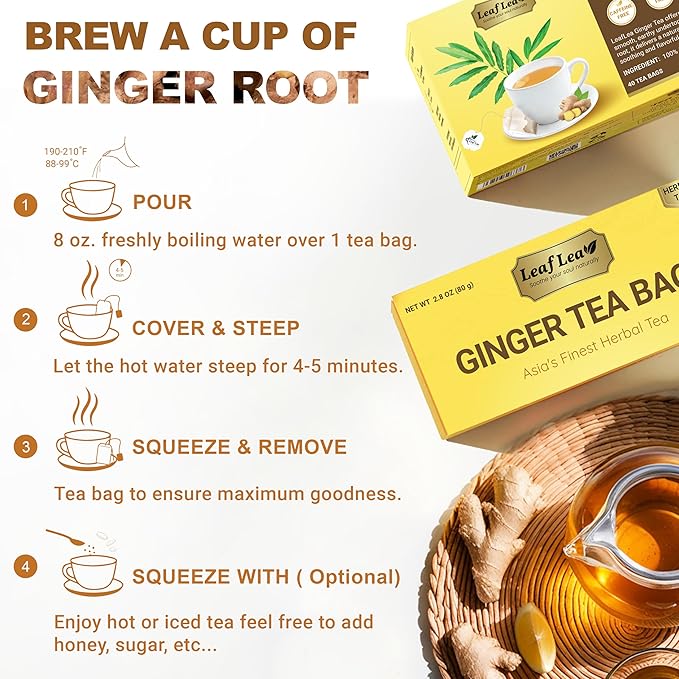 LeafLea 40 Ginger Tea Bags, 100% Pure & Natural from Dried Ginger Root Tea, Spicy & Comforting Herbal Tea Supports Digestion, Caffeine Free, Sugar Free, No Gluten, Non-GMO, Vegan