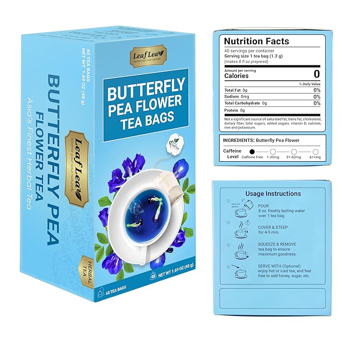 LeafLea 80 Butterfly Pea Flower Tea Bags, Natural Herbal Tea for Blue and Purple Drinks, Mocktails, and Food Coloring, Caffeine-Free, Sugar-Free, Non-GMO, Pack of 2