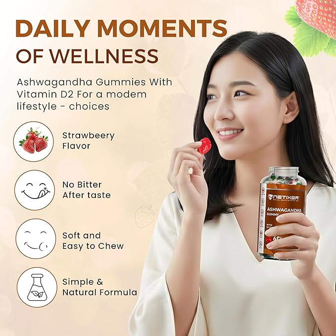 Ashwagandha Gummies – Vegan, Strawberry Flavor – with KSM-66 300mg & Vitamin D2 50mcg – Gluten-Free, Gelatin-Free, Non-GMO – 60 Gummies – Adaptogen Supplement for Adults