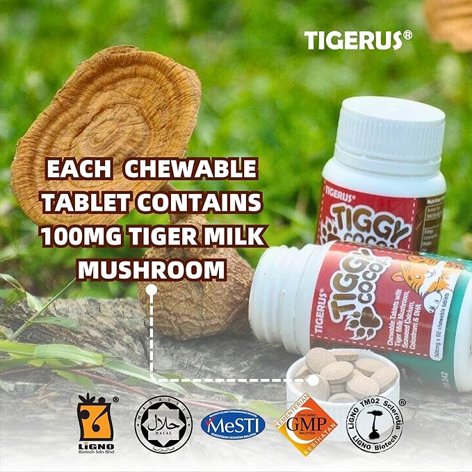 TIGGY Cocoa Chewable Tablets with Tiger Milk Mushroom – Delicious, Convenient and Nutritious Cocoa-Based Supplement for Energy, Wellness, and Overall Health – 60 Tablets, Kids & Adults