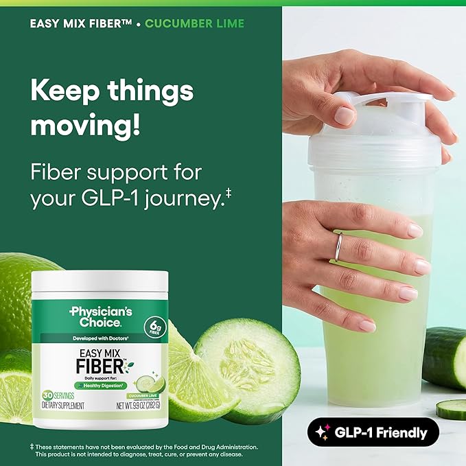 Physician's CHOICE Easy Mix Fiber for Digestive Health & Regularity - No Grit - Daily Prebiotic Soluble Fiber Powder Supplement for Women and Men - Cucumber Lime - 30 Servings