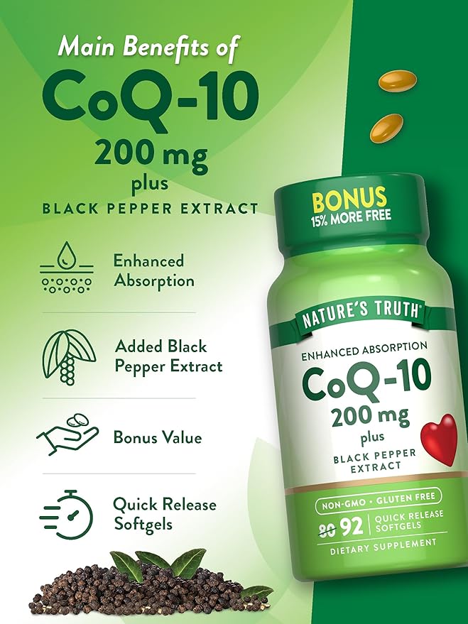 Nature's Truth CoQ10 200 mg Softgels | 92 Count | Enhanced Absorption | with Black Pepper Extract | Non-GMO & Gluten Free Supplement