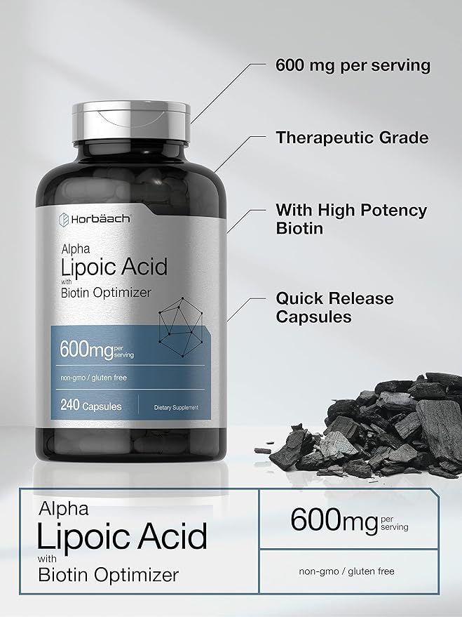 Horbäach Alpha Lipoic Acid 600mg | 240 Capsules | with Biotin Optimizer | Non-GMO and Gluten Free Supplement