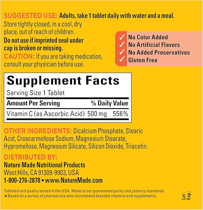 Nature Made Vitamin C 500 mg, Dietary Supplement for Immune Support, 500 Tablets, 500 Day Supply