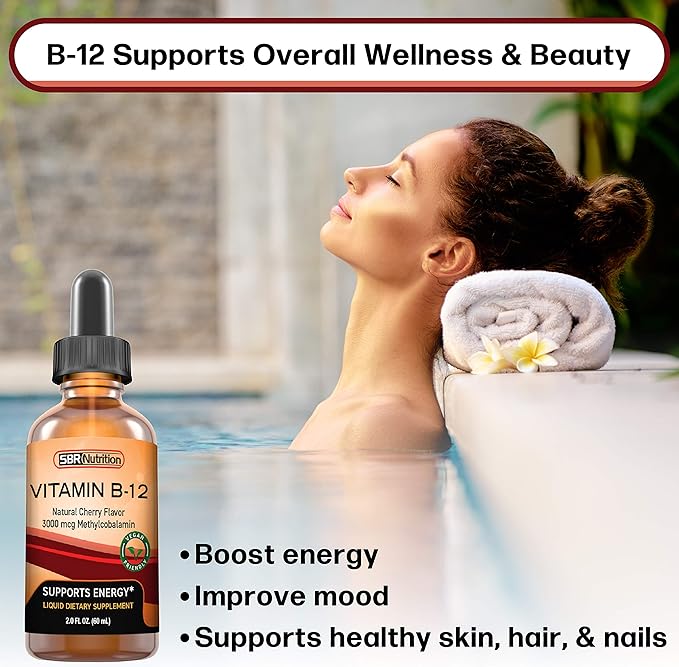 SBR Nutrition Vitamin B12 Sublingual Liquid Drops - Methylcobalamin, VIT B 12 Supports Energy, Max Absorption, 3000mcg Per Serving, 60 Servings, Non-GMO, Vegan Friendly, Manufactured in The USA