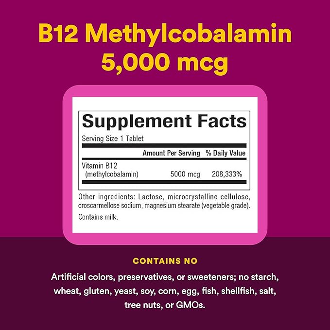 Natural Factors, Vitamin B12 Methylcobalamin 5000 mcg, Chewable Support for Energy and Immune Health, Vegetarian, 60 tablets (60 servings)