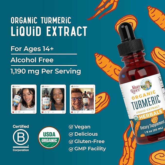 MARYRUTH'S Organics Organic Turmeric Liquid Extract | Sugar Free | USDA Organic | Organic Turmeric Supplement | Non-GMO | Gluten Free | Vegan | Alcohol-Free Tincture | 1 Fl Oz