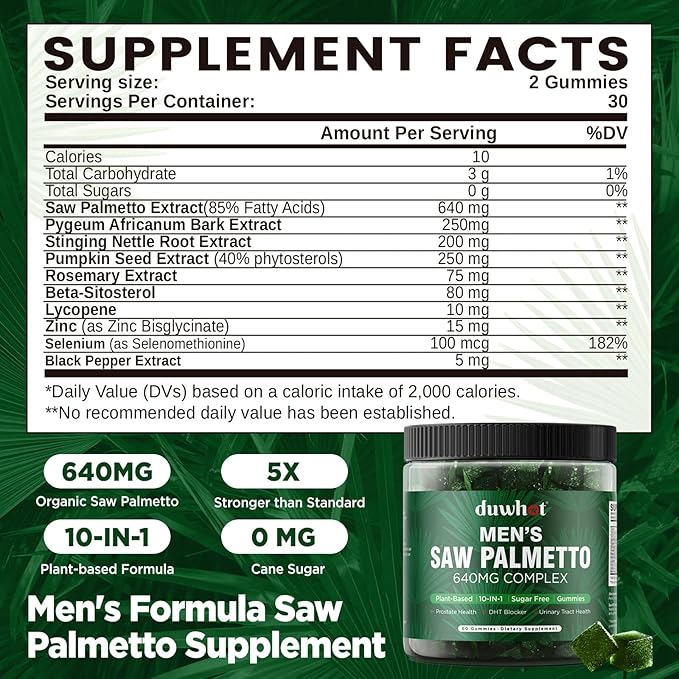Saw Palmetto Gummies for Men, Organic Saw Palmetto with Pumpkin Seed Oil for Men Overall Health, Enhanced with Pygeum, Nettle, Sugar-Free, Vegan, 60 Chewables