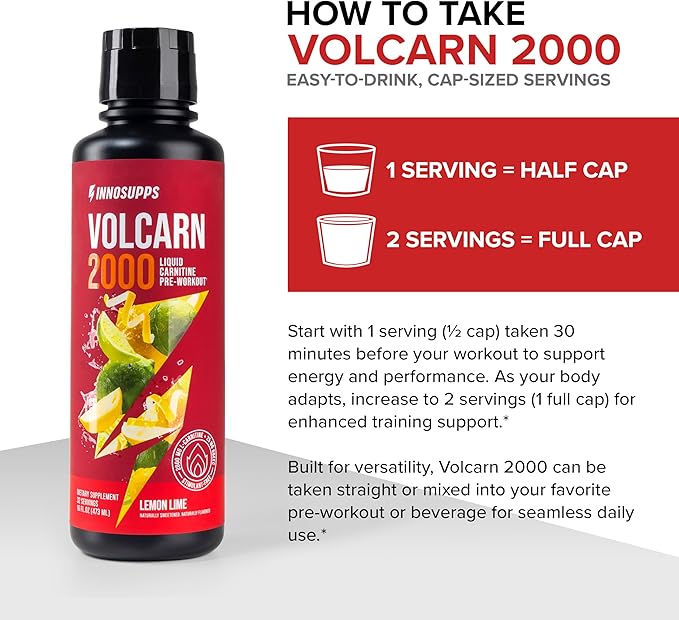 InnoSupps Volcarn 2000 - L-CARNITINE Advanced Energy Liquid | ATP Enhancer with GBEEC | Boosts Energy, Enhances Focus, Caffeine Free, No Artificial Sweeteners | 32 Servings (Lemon Lime)