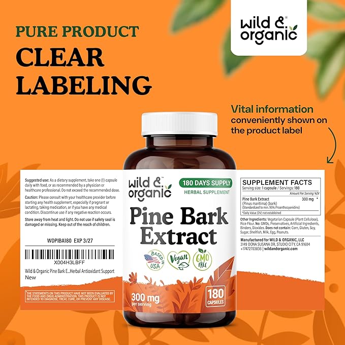Wild & Organic Pine Bark Extract Capsules 300 mg - Antioxidant Supplement - 95% Proanthocyanidins - 180 Capsules - French Maritime Pine Bark Extract - 6-Month Supply - Pinus Maritima - Vegan, Non-GMO