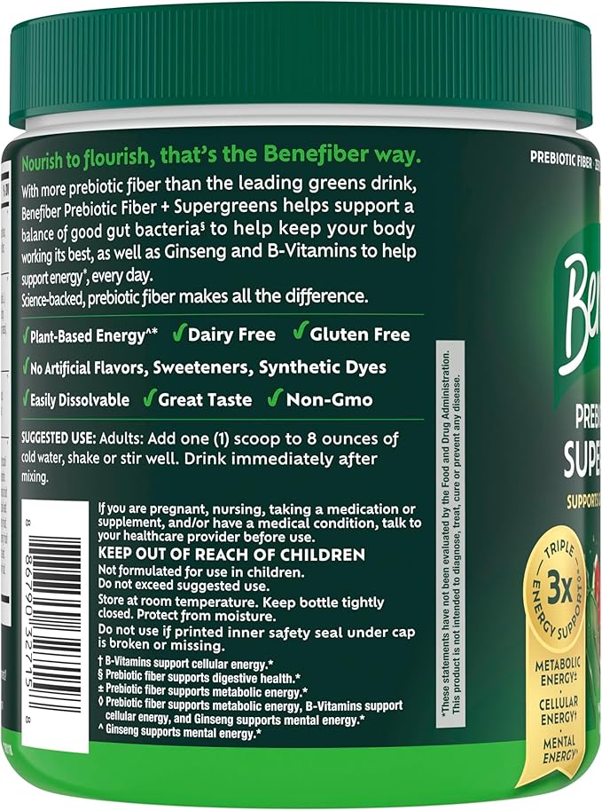 Benefiber Prebiotic GLP-1 Friendly Fiber + Supergreens Dietary Supplement Powder, Watermelon Lemonade Flavor, 8.8 oz (250g)