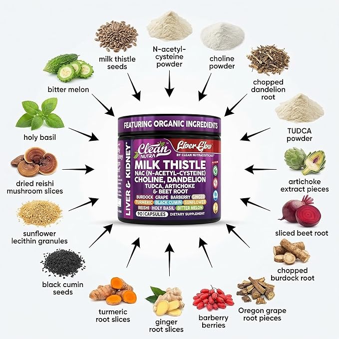 Clean Nutra Organic Milk Thistle Supplement | Liver Cleanse Detox & Repair + NAC Choline Dandelion Root TUDCA Artichoke Beet Root Burdock Holy Basil Kidney & Liver Support 90 Vegan Capsules