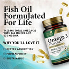 Omega 3 Fish Oil Supplements - 2400mg Fish Oil Per Serving - Triple Strength Omega-3 with EPA & DHA Fatty Acids - Natural Heart, Brain & Immune Support - Wild Caught, Bottled in USA - 60 Softgels