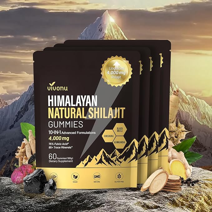 VivoNu Shilajit* Gummies,Pure Himalayan* micronutrient Supplement, Himalayan Premium Ingredient with Shilajit, Ashwagandha, Gokshura, Fulvic Acid & 85+ Trace Minerals I for Men & Women (4000MG/4 Bag)