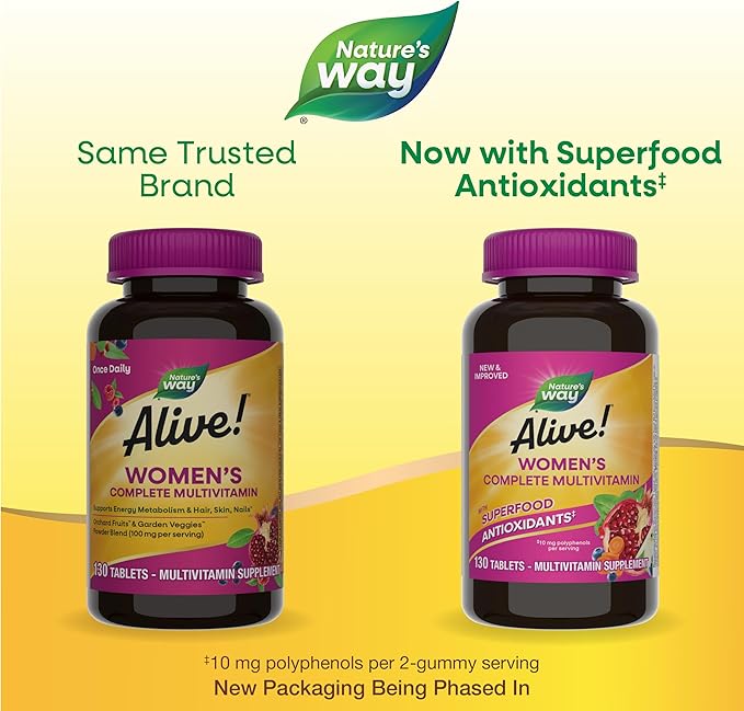 Nature's Way Alive! Daily Complete Multivitamin for Women, Supports Energy Metabolism, Hair, Skin & Nails*, B-Vitamins, Superfood Antioxidants, 130 Tablets (Packaging May Vary)