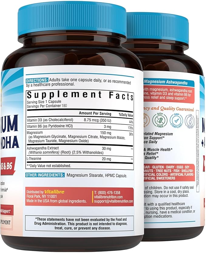 Vitalibre Magnesium Complex with Ashwagandha & L-Theanine - Stress Relief, Bone & Relaxation Support - w/Vitamin D3, B6 - Glycinate, Citrate, Malate, Taurate - 180 Vegan Capsules, Non-GMO, Gluten free