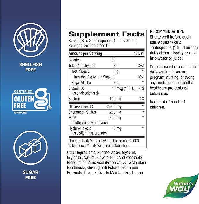 Nature’s Way Ultra-Strength Joint Movement Glucosamine Liquid, Glucosamine, Chondroitin, MSM with Vitamin D3 & Hyaluronic Acid, Fast-Absorbing Liquid, Joint Support Supplement*, Berry Flavored, 16 Oz
