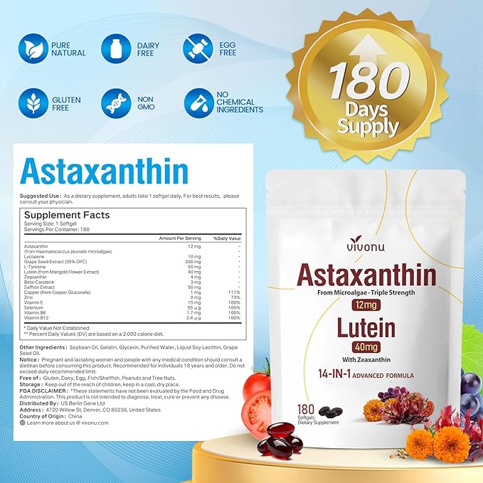 14-in-1 Astaxanthin 12mg & Lutein 40mg with Zeaxanthin Supplements, 12 Month Supply, Fresh Microalgae Source, Supports Eye, Skin, Antioxidant, Joint, Circulatory Health, Non-GMO, Gluten Free, 2 Bag