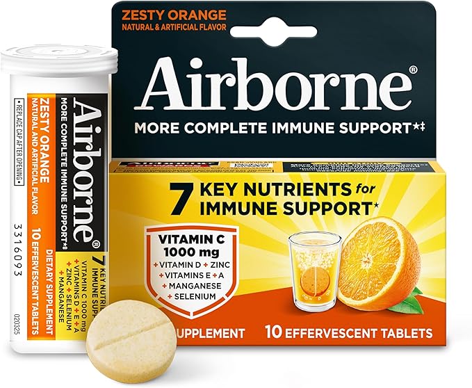 Airborne Immune Support Effervescent Tablets, Zesty Orange Flavor - 10ct with 1000mg Vitamin C + Vitamins A, D, E, Zinc, Selenium, Manganese & Herbal Blend - Sugar‑Free, Gluten‑Free