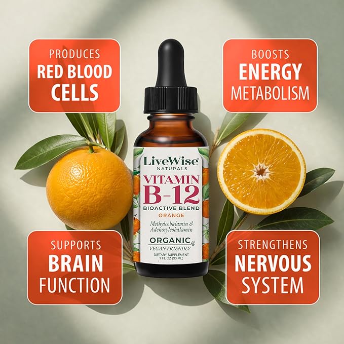 Organic Vitamin B12 1000 mcg Sublingual Liquid Drops For Adults, 6 Months Supply 1 oz, Methylcobalamin & Adenosylcobalamin - Bioactive Blend for Energy, Clarity & Focus - Vegan, Non-GMO, Orange Flavor