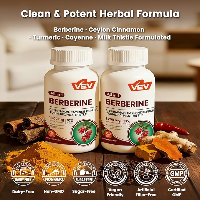 VEV Berberine Supplement with Ceylon Cinnamon for Daily Wellness Support, Vegan & Non-GMO – 2 Bottles (240 Capsules Total)