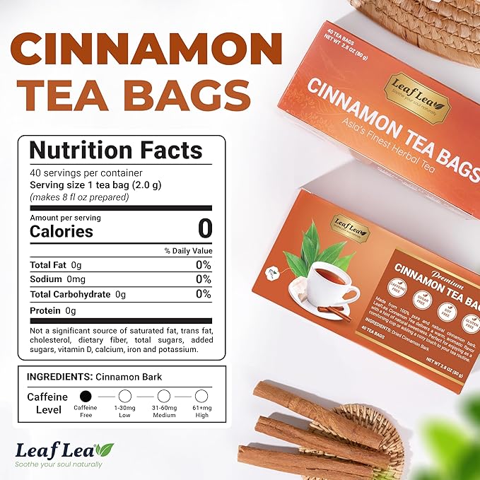 LeafLea 120 Cinnamon Tea Bags, Premium Herbal Tea with Ground Cinnamon Sticks, Spiced and Soothing Flavor for Relaxation, Caffeine-Free, Sugar-Free, Non-GMO, Vegan