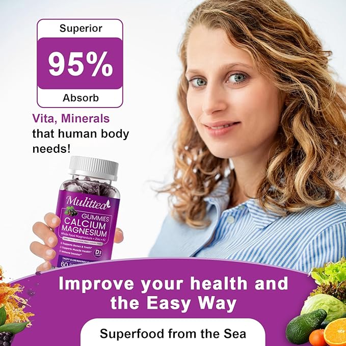 Plant Based Calcium Supplement with Vitamin D3,K2 Gummy for Bone Strength, Contains Whole Food Natural Minerals-Bone Health, Calm Mood & Sleep Support for Women & Men (2 Pack)