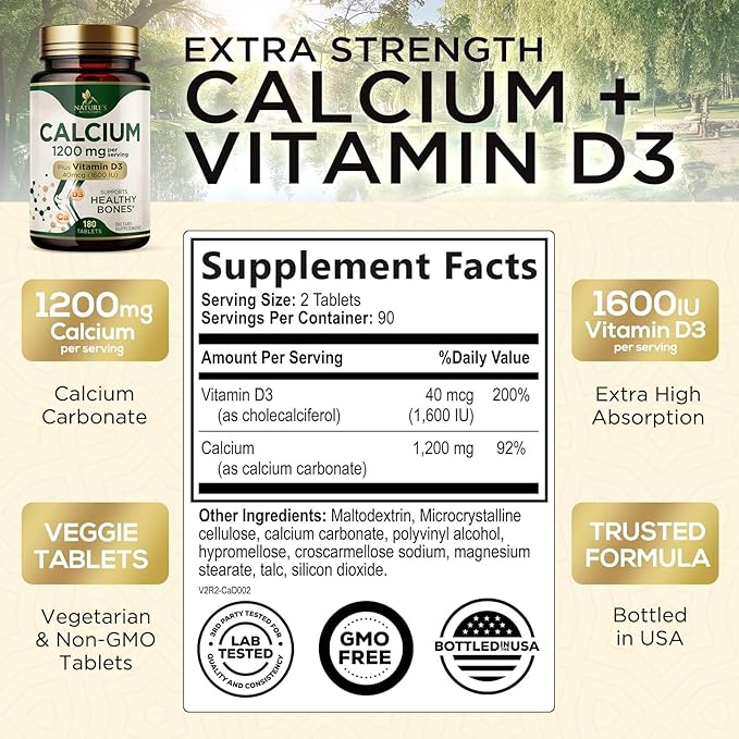 Calcium 1200 mg with Vitamin D3 Per Serving - Bone Health Supplement, Vitamin D & Calcium Supplements for Women & Men - Bone, Teeth & Immune Support, Nature's Calcium Pills, USA Bottled - 180 Tablets