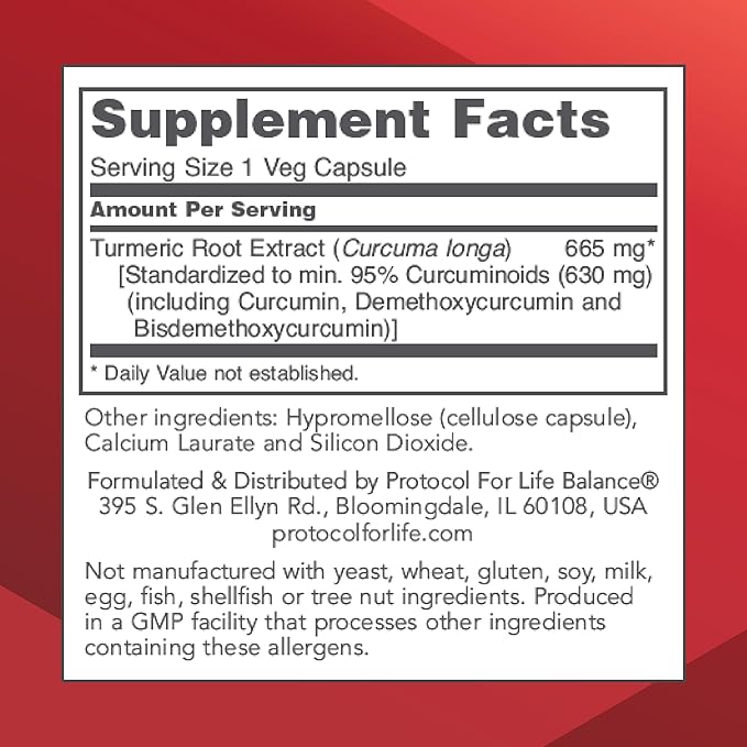 PROTOCOL FOR LIFE BALANCE Curcumin Turmeric Root Extract - 95% Standardized Curcuminoids - 665 mg Curcumin - Curcumin Turmeric Supplements - Non-GMO & Kosher - 60 Veg Capsules