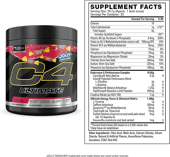 Cellucor C4 Ultimate Pre Workout Powder - Sugar Free Preworkout Energy Supplement for Men & Women - 300mg Caffeine + TeaCrine + Dynamine + Creatine - Jolly Rancher Cherry, 20 Servings
