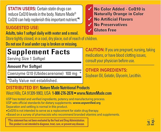 Nature Made CoQ10 100mg Softgels, Dietary Supplement for Heart Health Support, 120 Softgels, 120 Day Supply