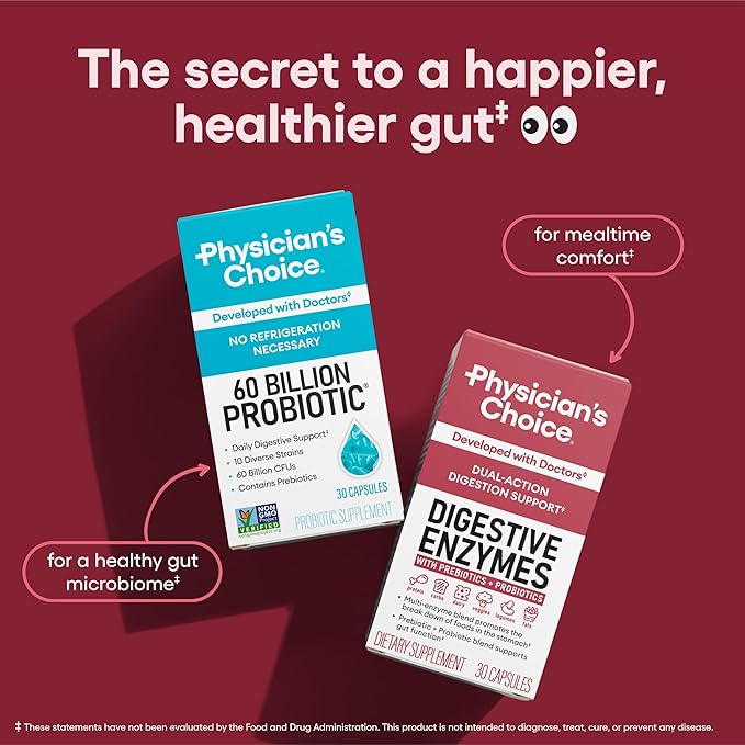 Physician's CHOICE Digestive Enzymes - Multi Enzymes, Bromelain, Organic Prebiotics & Probiotics for Digestive Health & Gut Health - Bloating & Meal Time Discomfort - Dual Action - All Diets - 30 CT