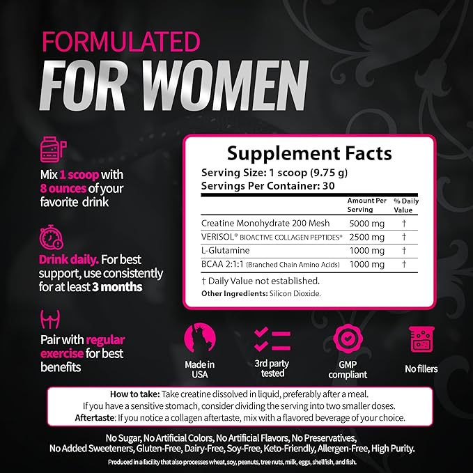 Bold Buns Creatine for Women – Booty Builder Supplement with Collagen & BCAA – Supports Muscle Development, Post-Workout Recovery, Skin Elasticity, Healthy Hair & Nail | Unflavored – 30 Servings