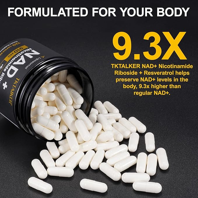 TKTALKER NAD Supplement, 910MG Liposomal Nicotinamide Riboside with Resveratrol & Quercetin, Anti-Aging, Cellular Energy, Mental Focus & Stamina & Healthy, Women & Men, 120 Capsules