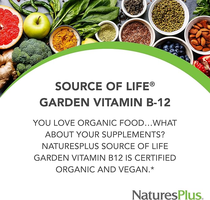 NaturesPlus Source of Life Garden Vitamin B12 - 60 Capsules - Includes 20+ Whole Food Extracts - USDA Certified Organic, Non-GMO, Vegan, Gluten Free - 30 Servings