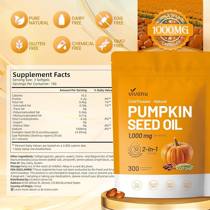 VivoNu Pumpkin Seed Oil with Saw Palmetto Capsules | Cold Pressed, Pure Virgin Oil, Essential Fatty Acids & Phytosterols | 300 SoftgelsSupports Hair, Urinary, Bladder & Prostate Health | Non-GMO