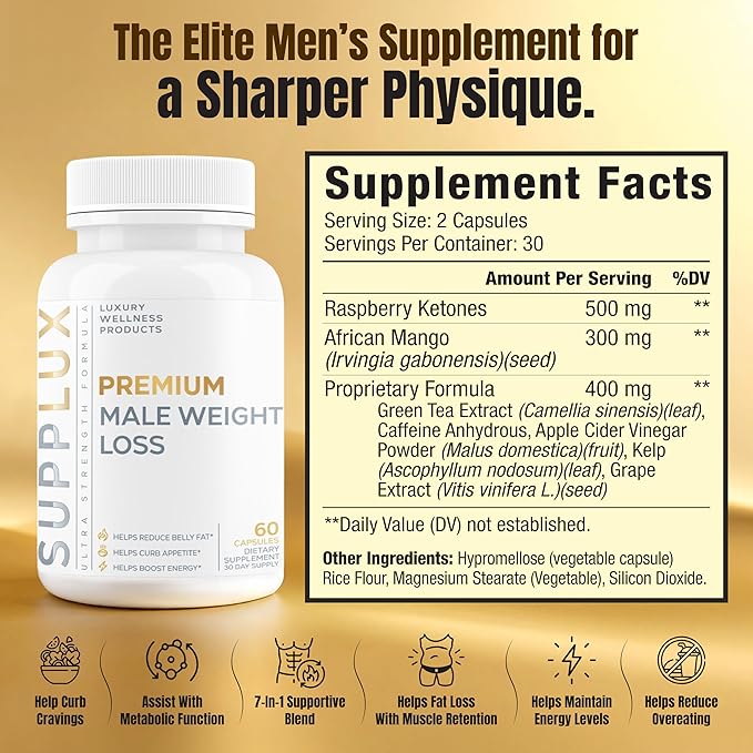 Premium Male Weight Loss - Fat Burner for Men - Supports Healthy Pathways Associated with GLP-1 Activity - Appetite Suppressant, Energy Booster, Helps Sustain Muscle - 60 Unisex Capsules