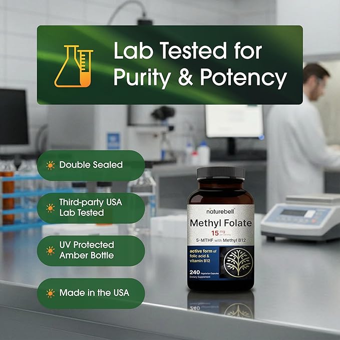 NatureBell Methyl Folate 15mg - 240 Capsules - 5-MTHF with Methyl B12-15mg L-Methylfolate & 1,000mcg Vitamin B12 - Energy & Cognitive Support Supplement* - Gluten-Free & Non-GMO