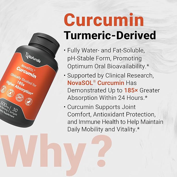 Naturalis NovaSOL Turmeric Curcumin (5,550mg Curcuminoids Equivalent Per Serving) - Clinical Proven with 185X Better Absorption | Antioxidant Support for Brain, Joint & Immune Health* | 30 Servings