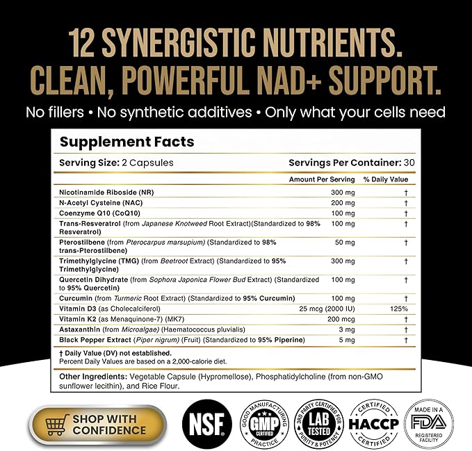 DLNIA Liposomal NAD+ Supplement & NMN Alternative | Nicotinamide Riboside (NR) 1258 mg with Resveratrol, Quercetin, Pterostilbene & CoQ10-12-Nutrient High-Absorption Cellular Energy & Healthy Aging