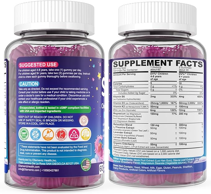 Kids Sleep Gummies, NO Melatonin Sleep Aid Gummies w/ Magnesium Glycinate, Magnesium Malate, L-Theanine, Lavender, B6, Zinc, D3K2 for Restful Sleep, Relax Brain & Muscle, Immune Support, Non-GMO 2Pack